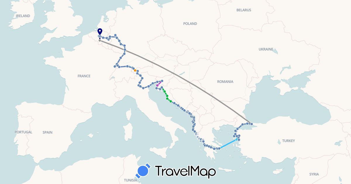 TravelMap itinerary: driving, bus, plane, cycling, train, boat, hitchhiking in Albania, Austria, Bosnia and Herzegovina, Belgium, Germany, France, Greece, Croatia, Italy, Montenegro, Slovenia, Turkey (Asia, Europe)